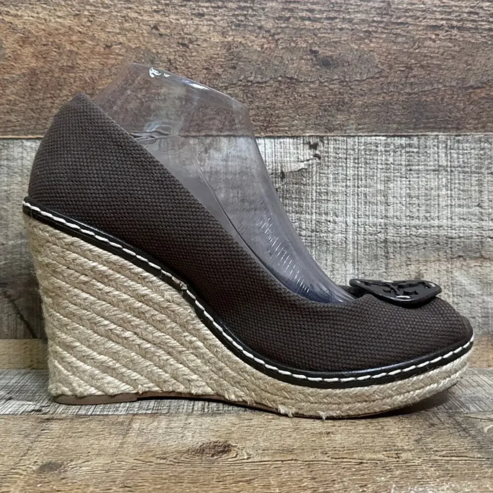 Tory Burch Jackie Brown Canvas Peep Toe Espadrille Wedge Heels Shoes Size 9.5